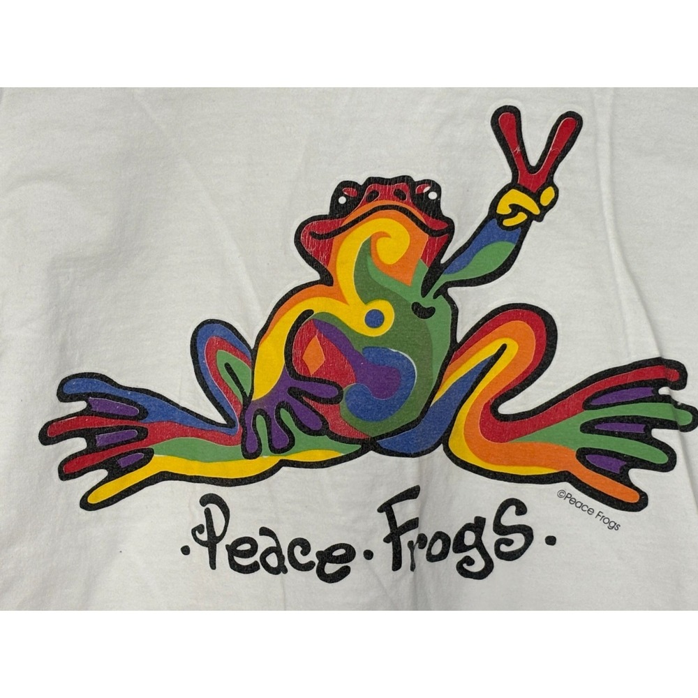 Peace Frogs T-Shirt Mens White‎ Back Graphic Retro Long Sleeve Crew Neck Medium
